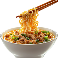 Bowl of steaming hot noodles with chopsticks lifting strands png
