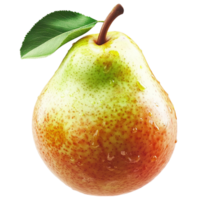 ripe pear with a green leaf attached to its stem png