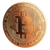Shiny bronze Bitcoin coin with intricate digital engravings png