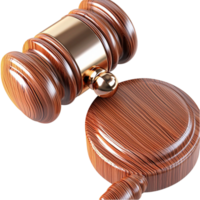 Wooden judge gavel with a polished surface and a matching sound block png
