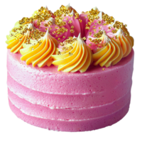 Pink cake topped with golden sprinkles and swirls of icing png