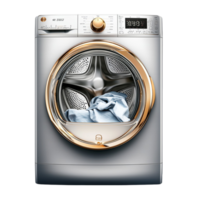 Front loading washing machine with a door and neatly washed clothes png