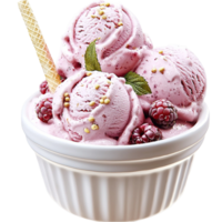 Creamy raspberry ice cream with berries and a waffle stick png