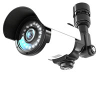 High tech security camera with a sleek black design and a glowing blue lens png