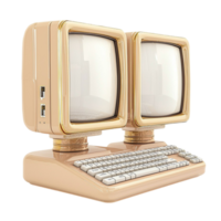 Retro beige computer with dual monitors and an old school keyboard setup png