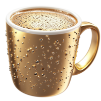 Luxurious golden mug filled with a frothy hot beverage and details png