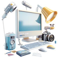 Professional desktop computer setup with multiple lights and graphy gear png