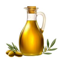 Glass bottle filled with golden olive oil and olives beside it png