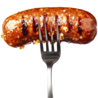 Grilled sausage with a charred surface pierced by a fork png