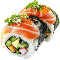 Plate of sushi rolls wrapped in salmon and nori with vegetables png