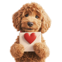 Fluffy brown puppy holding a white envelope a red heart symbol png