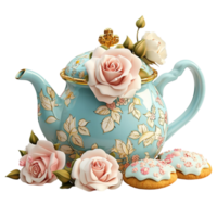 Charming vintage teapot floral patterns and matching cookies in a cozy setting png