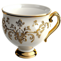 Ornate ceramic teacup golden floral patterns and handle png