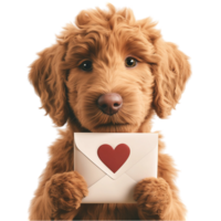 Adorable brown puppy holding an envelope a red heart seal png