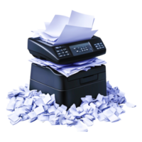 Office Printer Surrounded by Paper Clutter and Shredded Documents png