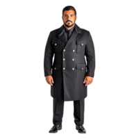 Confident Man in Black Overcoat with Serious Expression Stands Tall png