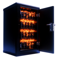 Secure Vault with Shimmering Lights and Open Door Displaying Contents png