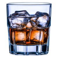 Glass of whiskey with ice cubes blue background png