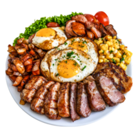 Hearty Plate of Grilled Meats with Fried Eggs and Vegetables png