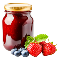 Fresh Red Jam in Jar with Strawberries and Blueberries on png
