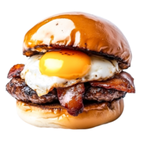 Delicious burger with fried egg and crispy bacon bun png