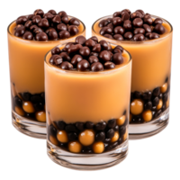Three Colorful Dessert Cups with Chocolate Topping and Tapioca Balls png