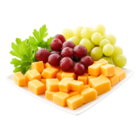 Fresh Cheese Cubes and Juicy Grapes on White Plate with Herbs png