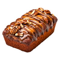 Rich Chocolate Loaf Cake with Caramel Drizzle and Nuts Garnish png