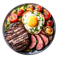 Grilled Steak with Fried Egg and Colorful Vegetables on Plate png