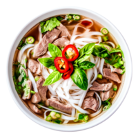 Delicious bowl of pho with fresh herbs and sliced beef on top png