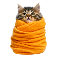 Cute fluffy kitten wrapped in an orange blanket with curious expression png
