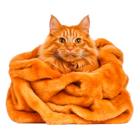 Majestic Ginger Cat Surrounded by Plush Orange Blanket in Soft Lighting png