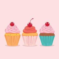 Three cupcakes with cherries on a pink background vector