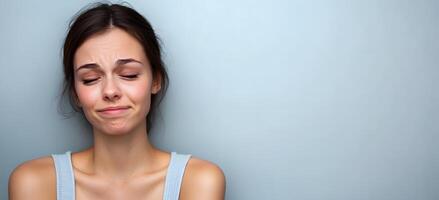 Emotional female face expressing sadness distress and vulnerability in studio setting photo