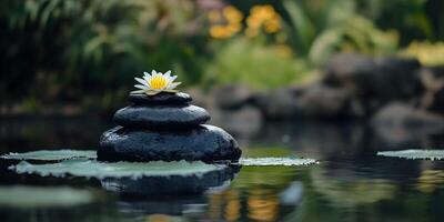 Serene Zen Garden Landscape with Reflection Pool and Balanced Stones on the Water photo