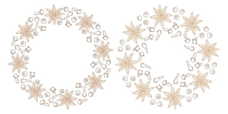 Mulled wine spices Star anise, allspice and clove Circular Frames borders Copy space Template Set 2. Isolated illustration Thematic cards, posters or web promo banner, leaflet, price tag, label