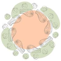 Hand drawn brussels sprout heads and Salmon steak Circular Frame Border on colorful spots Copy space. Isolated illustration Healthy Eating or menu cards, web promo banner, leaflets, labels, tag vector