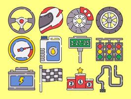 Auto Racing Element Icons, flat design style, featuring steering wheel, helmet, tires, speedometer, traffic lights, and podium. Ideal for motorsport graphics, event promotions, and racing themes. vector