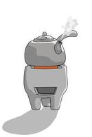 Natural clay teapot on a burning charcoal stove on white background and shadow vector