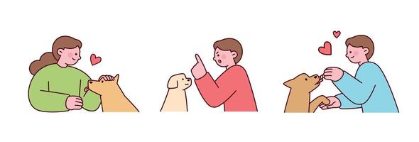 Cute illustration of people training and bonding with their pet dogs using positive reinforcement. Simple and modern design. vector