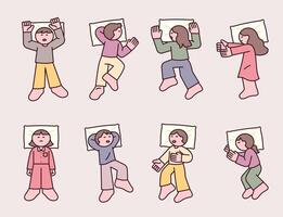 Cute illustration of different sleeping positions, showing various ways people rest in bed. Cozy and relaxing atmosphere. vector