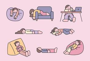 Cute illustration of tired and exhausted people in various resting poses, depicting laziness, fatigue, and relaxation. Simple and modern design. vector