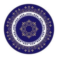 Elegant blue and gold round plate with floral pattern. Circle frame. Beautiful round frame arabesques. Template frame for round surfaces, household utensils, textiles, embroidery, porcelain, ceramics vector