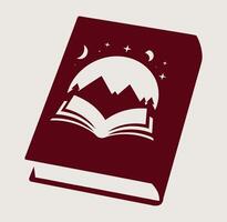 An open book with mountains and stars on it vector
