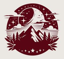 A mountain with trees and stars in the sky on a grey. vector