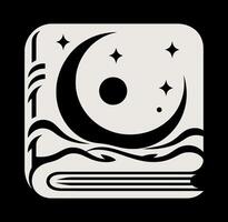 A black and white image of a book with a moon and stars vector
