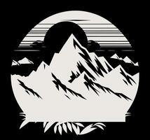 A black and white illustration of a mountain with a sun in the background vector