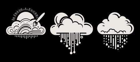 Three different clouds with rain and sun vector