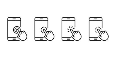 Hand touch screen smartphone icon. Click on the smartphone. Hand swipe on smartphone linear pictogram vector