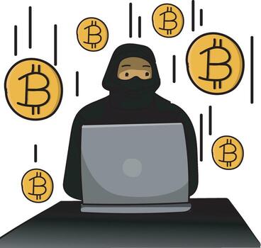 un vago figura representando un cripto pirata informático, rodeado por brillante codigos y blockchain símbolos, retratar el misterioso y alta tecnología mundo de la seguridad cibernética amenazas en el la seguridad cibernética vector